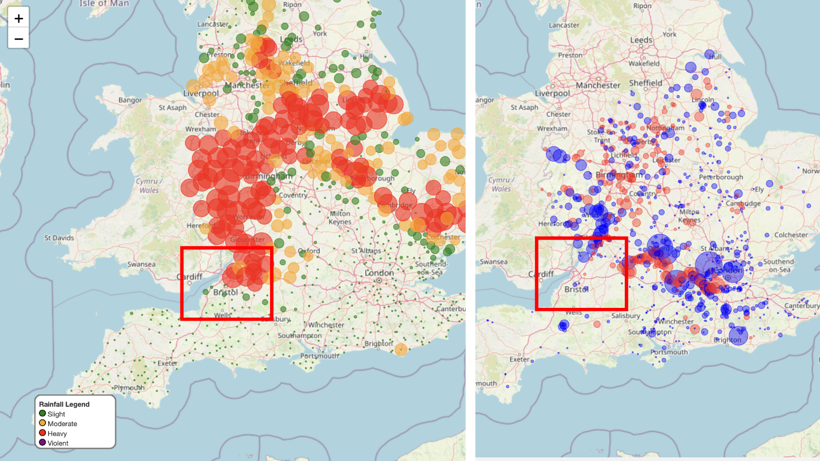 Side-by-side maps comparing rainfall categories with mapped flood-risk indicators across England