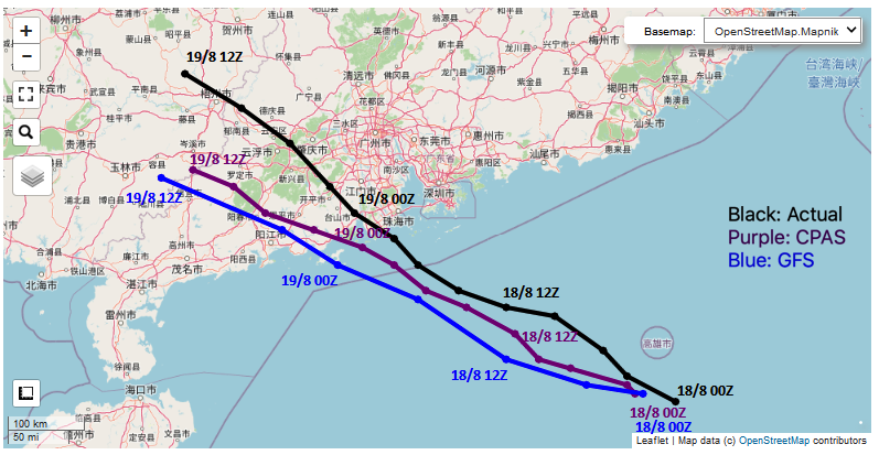 Observed, CPAS and GFS tracks for Typhoon Higos