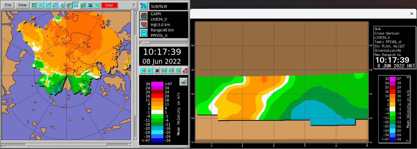 Plan view and vertical cross-section of Doppler velocity from the Sha Lo Wan phased-array radar